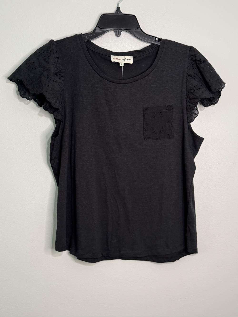 Black Eyelet Flutter Sleeve Pocket Tee